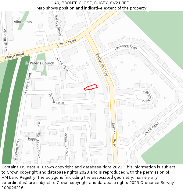 49, BRONTE CLOSE, RUGBY, CV21 3PD: Location map and indicative extent of plot