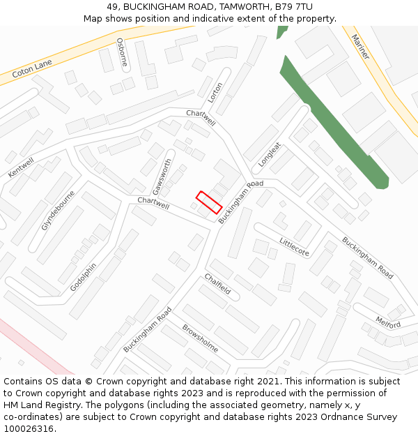 49, BUCKINGHAM ROAD, TAMWORTH, B79 7TU: Location map and indicative extent of plot