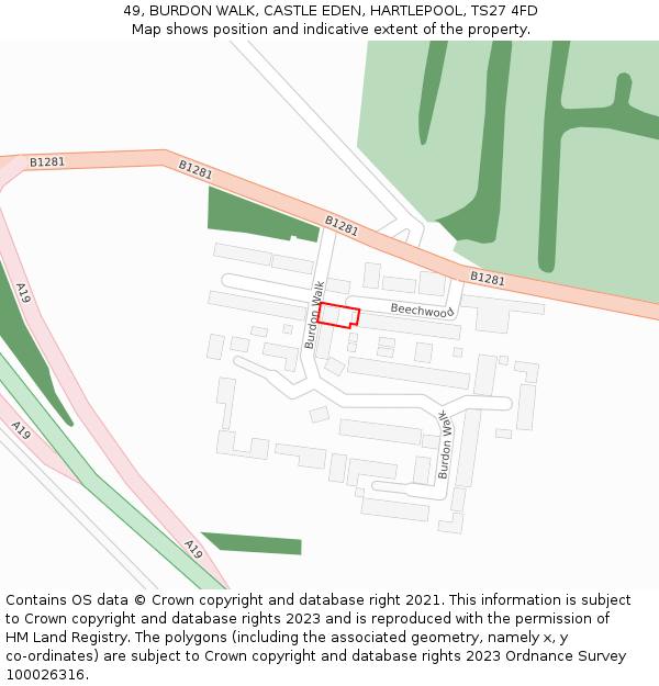 49, BURDON WALK, CASTLE EDEN, HARTLEPOOL, TS27 4FD: Location map and indicative extent of plot