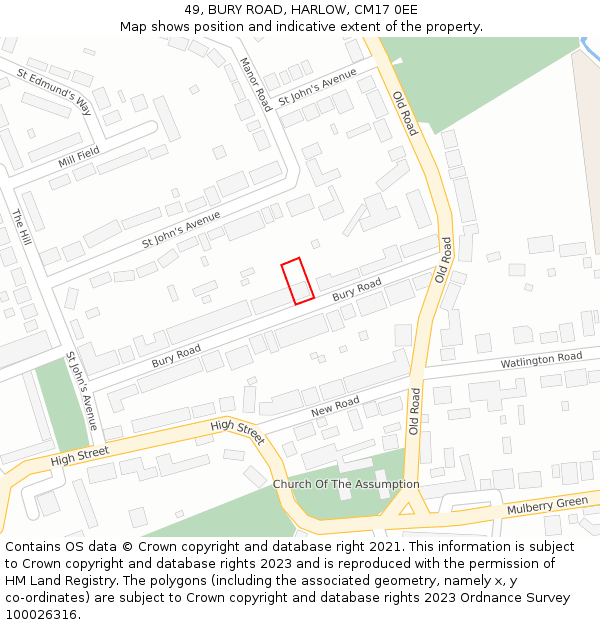 49, BURY ROAD, HARLOW, CM17 0EE: Location map and indicative extent of plot