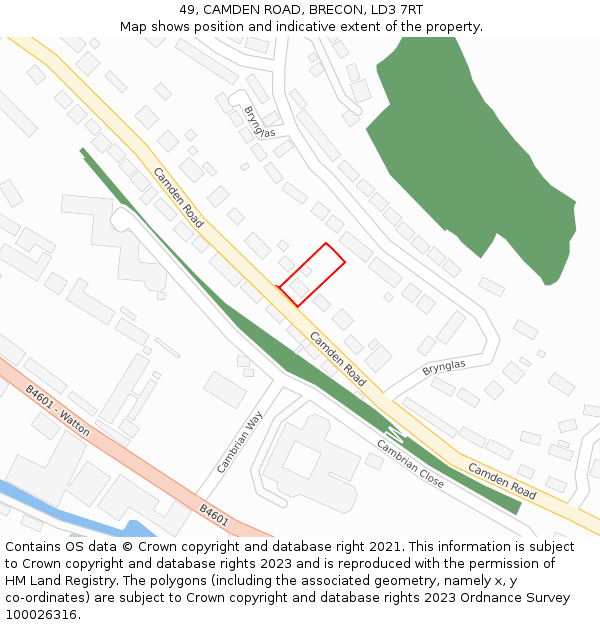 49, CAMDEN ROAD, BRECON, LD3 7RT: Location map and indicative extent of plot