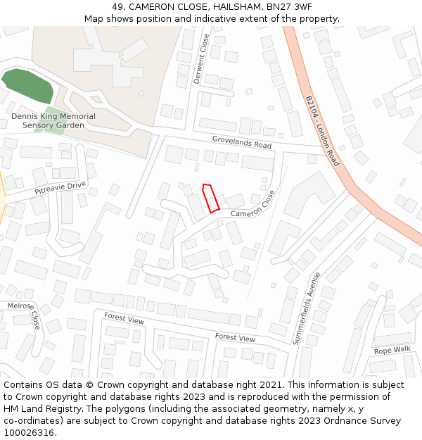 49, CAMERON CLOSE, HAILSHAM, BN27 3WF: Location map and indicative extent of plot