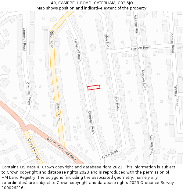 49, CAMPBELL ROAD, CATERHAM, CR3 5JQ: Location map and indicative extent of plot