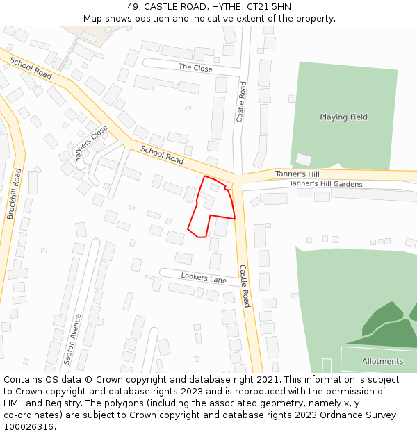 49, CASTLE ROAD, HYTHE, CT21 5HN: Location map and indicative extent of plot
