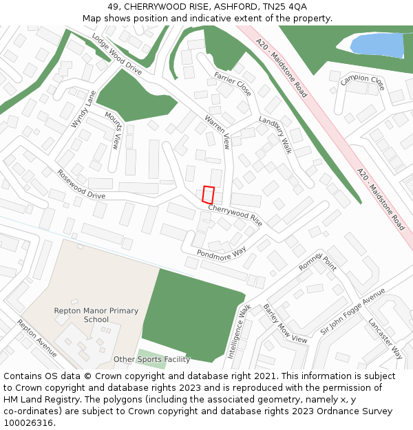 49, CHERRYWOOD RISE, ASHFORD, TN25 4QA: Location map and indicative extent of plot