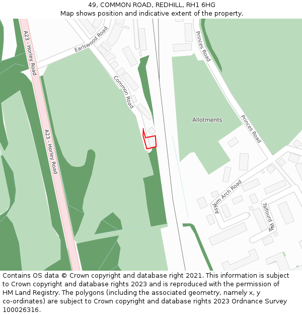 49, COMMON ROAD, REDHILL, RH1 6HG: Location map and indicative extent of plot