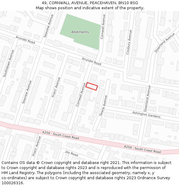 49, CORNWALL AVENUE, PEACEHAVEN, BN10 8SG: Location map and indicative extent of plot