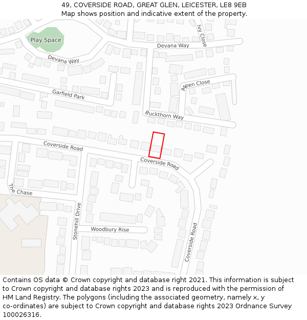 49, COVERSIDE ROAD, GREAT GLEN, LEICESTER, LE8 9EB: Location map and indicative extent of plot