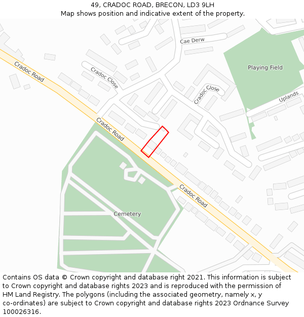 49, CRADOC ROAD, BRECON, LD3 9LH: Location map and indicative extent of plot