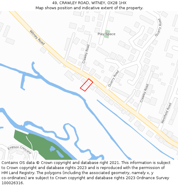 49, CRAWLEY ROAD, WITNEY, OX28 1HX: Location map and indicative extent of plot