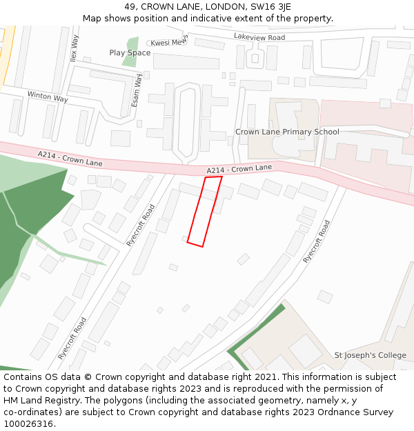 49, CROWN LANE, LONDON, SW16 3JE: Location map and indicative extent of plot