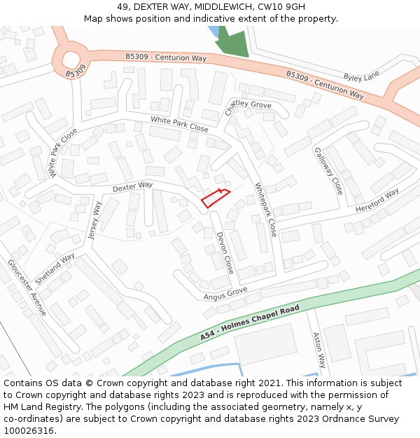 49, DEXTER WAY, MIDDLEWICH, CW10 9GH: Location map and indicative extent of plot