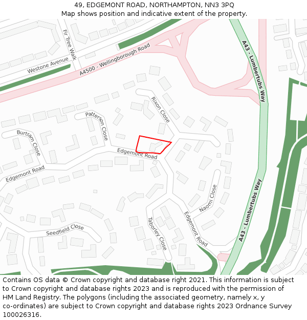 49, EDGEMONT ROAD, NORTHAMPTON, NN3 3PQ: Location map and indicative extent of plot