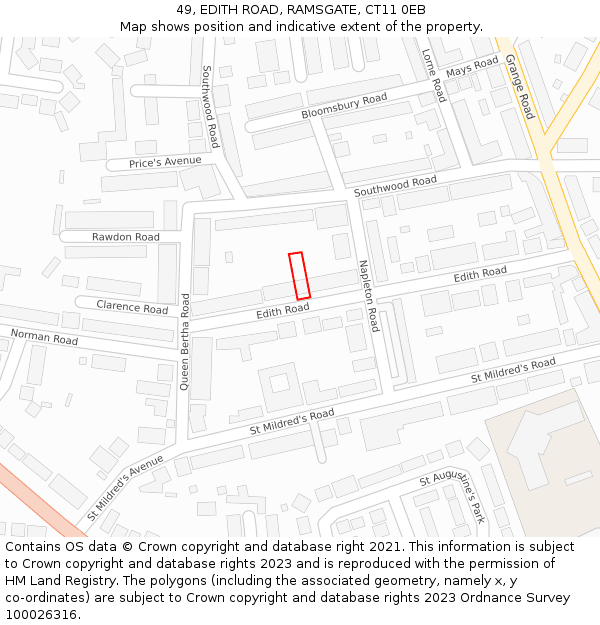 49, EDITH ROAD, RAMSGATE, CT11 0EB: Location map and indicative extent of plot