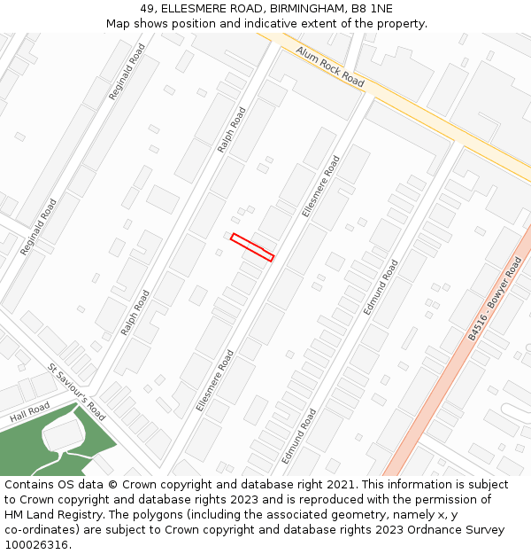 49, ELLESMERE ROAD, BIRMINGHAM, B8 1NE: Location map and indicative extent of plot