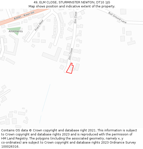 49, ELM CLOSE, STURMINSTER NEWTON, DT10 1JG: Location map and indicative extent of plot