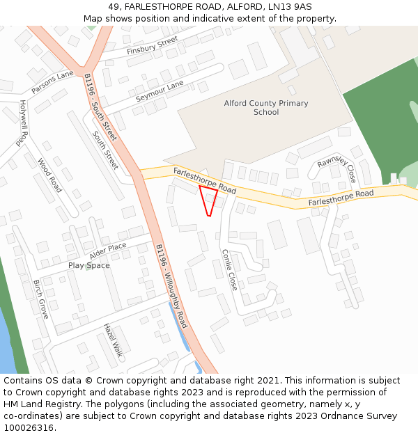 49, FARLESTHORPE ROAD, ALFORD, LN13 9AS: Location map and indicative extent of plot