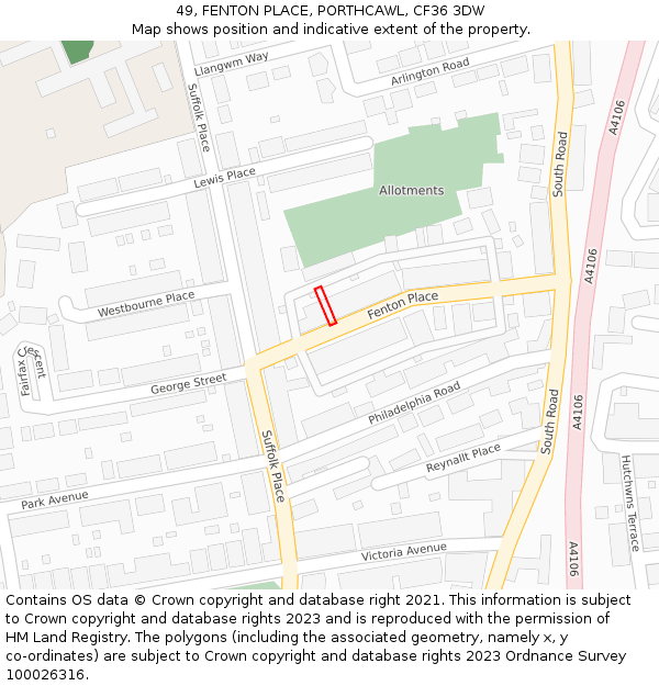 49, FENTON PLACE, PORTHCAWL, CF36 3DW: Location map and indicative extent of plot