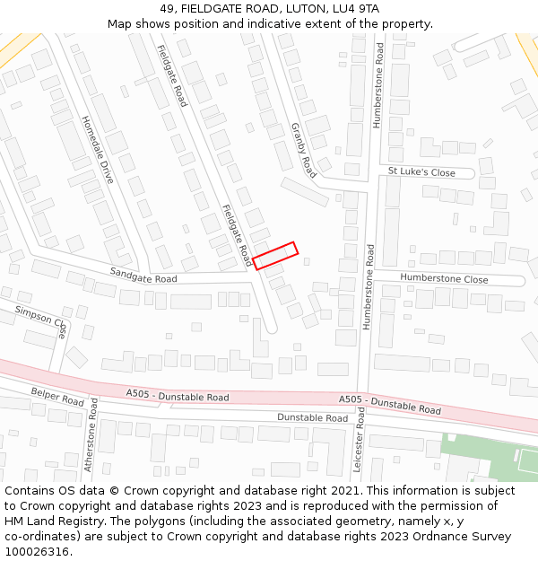 49, FIELDGATE ROAD, LUTON, LU4 9TA: Location map and indicative extent of plot