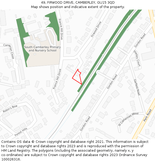 49, FIRWOOD DRIVE, CAMBERLEY, GU15 3QD: Location map and indicative extent of plot