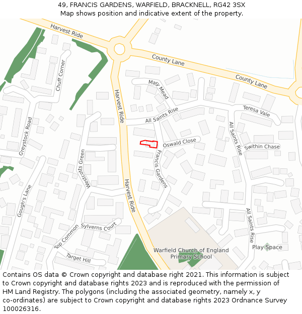 49, FRANCIS GARDENS, WARFIELD, BRACKNELL, RG42 3SX: Location map and indicative extent of plot