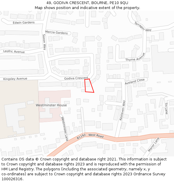 49, GODIVA CRESCENT, BOURNE, PE10 9QU: Location map and indicative extent of plot