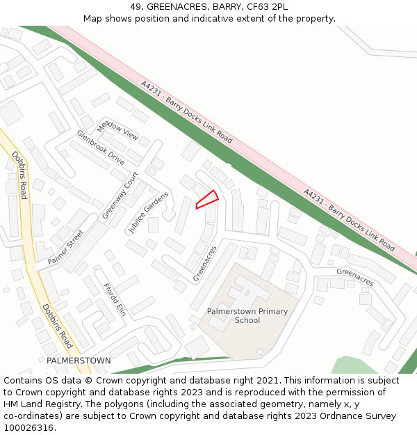 49, GREENACRES, BARRY, CF63 2PL: Location map and indicative extent of plot