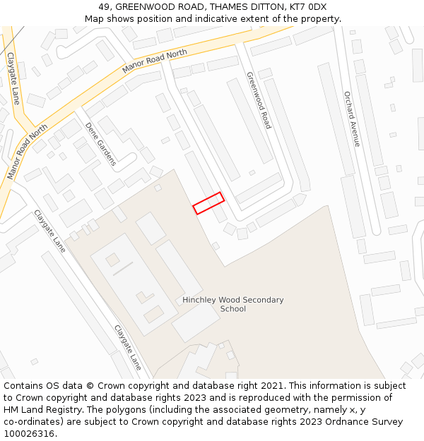 49, GREENWOOD ROAD, THAMES DITTON, KT7 0DX: Location map and indicative extent of plot