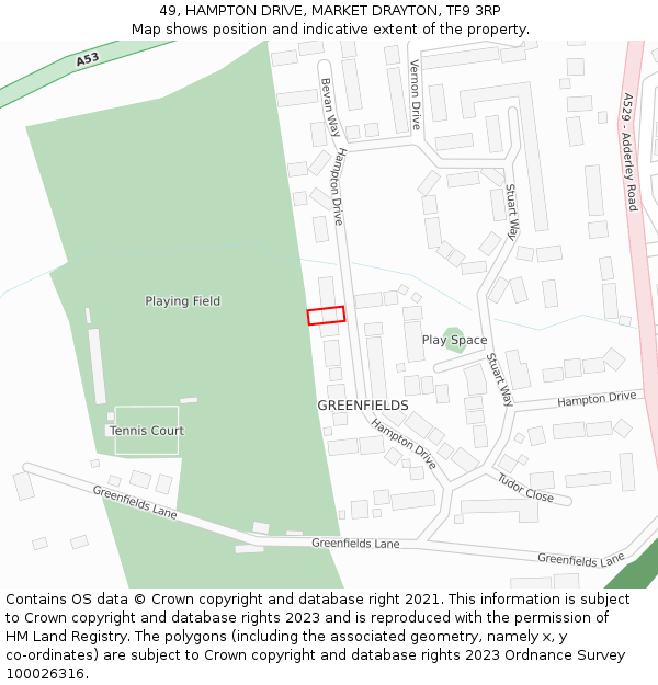 49, HAMPTON DRIVE, MARKET DRAYTON, TF9 3RP: Location map and indicative extent of plot