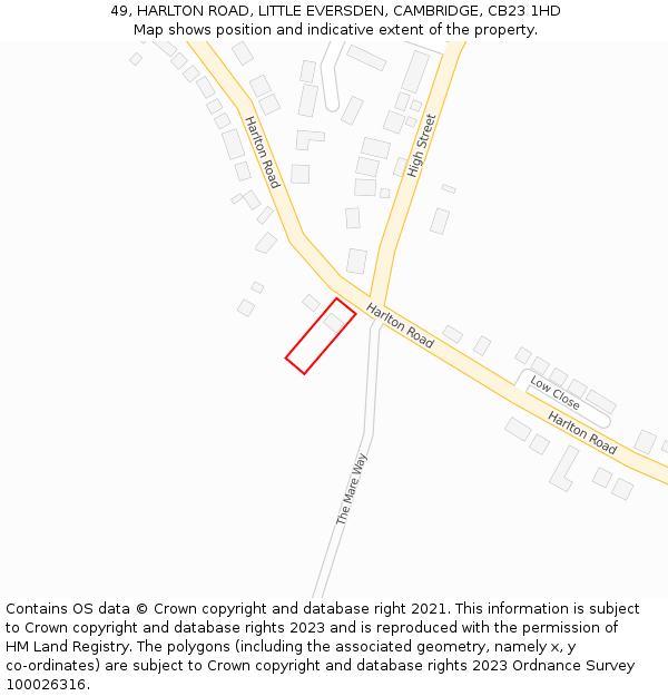 49, HARLTON ROAD, LITTLE EVERSDEN, CAMBRIDGE, CB23 1HD: Location map and indicative extent of plot