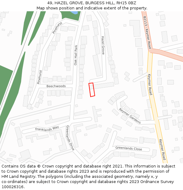 49, HAZEL GROVE, BURGESS HILL, RH15 0BZ: Location map and indicative extent of plot