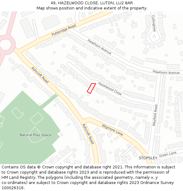 49, HAZELWOOD CLOSE, LUTON, LU2 8AR: Location map and indicative extent of plot