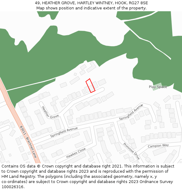 49, HEATHER GROVE, HARTLEY WINTNEY, HOOK, RG27 8SE: Location map and indicative extent of plot