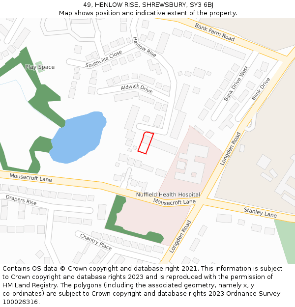 49, HENLOW RISE, SHREWSBURY, SY3 6BJ: Location map and indicative extent of plot