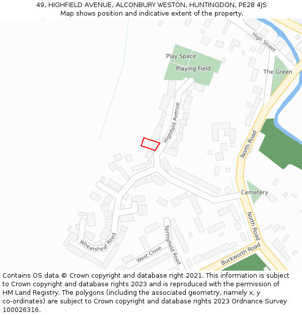 49, HIGHFIELD AVENUE, ALCONBURY WESTON, HUNTINGDON, PE28 4JS: Location map and indicative extent of plot