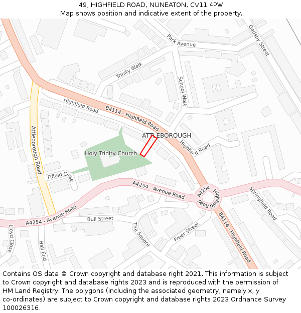 49, HIGHFIELD ROAD, NUNEATON, CV11 4PW: Location map and indicative extent of plot