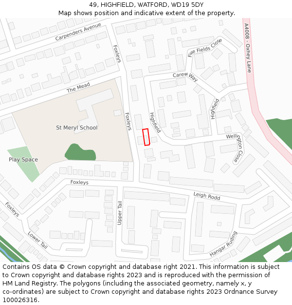 49, HIGHFIELD, WATFORD, WD19 5DY: Location map and indicative extent of plot