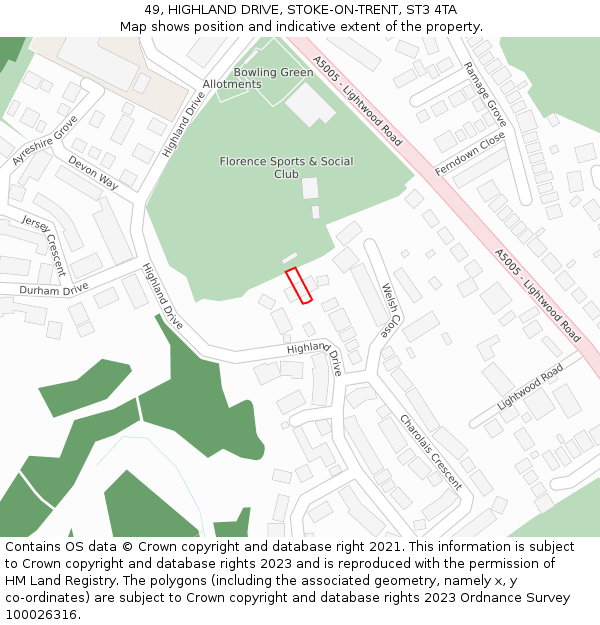 49, HIGHLAND DRIVE, STOKE-ON-TRENT, ST3 4TA: Location map and indicative extent of plot
