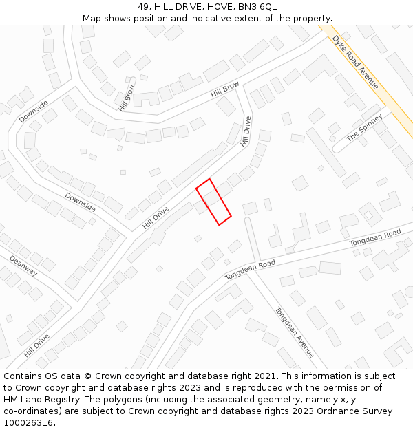 49, HILL DRIVE, HOVE, BN3 6QL: Location map and indicative extent of plot