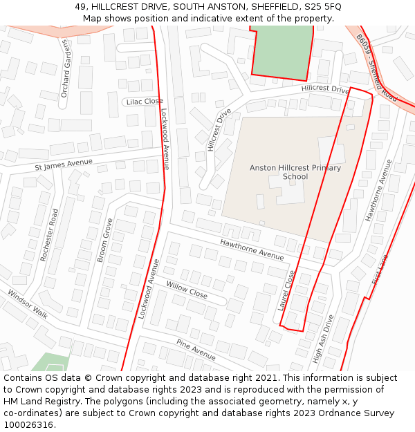 49, HILLCREST DRIVE, SOUTH ANSTON, SHEFFIELD, S25 5FQ: Location map and indicative extent of plot