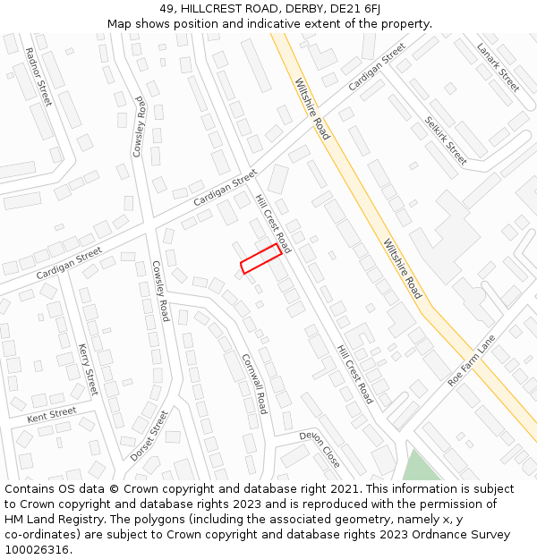 49, HILLCREST ROAD, DERBY, DE21 6FJ: Location map and indicative extent of plot