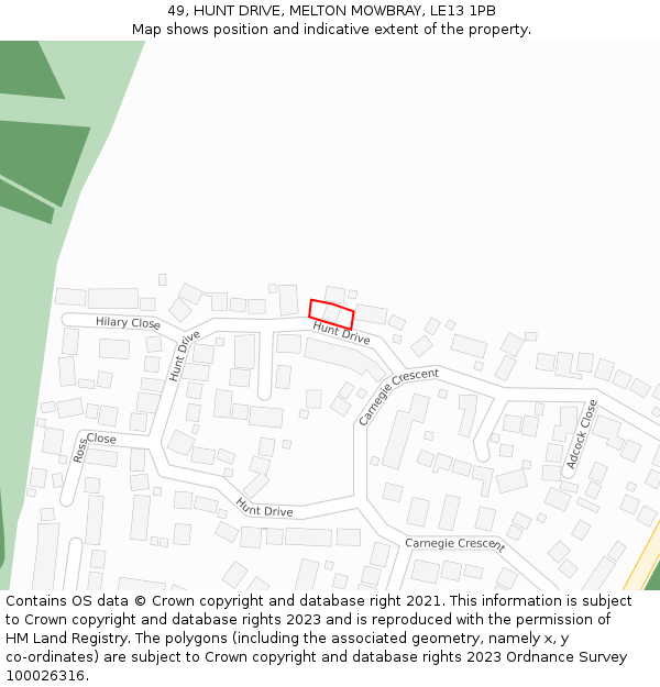 49, HUNT DRIVE, MELTON MOWBRAY, LE13 1PB: Location map and indicative extent of plot