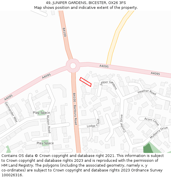 49, JUNIPER GARDENS, BICESTER, OX26 3FS: Location map and indicative extent of plot