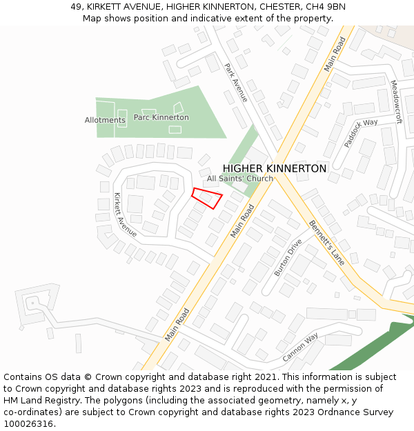 49, KIRKETT AVENUE, HIGHER KINNERTON, CHESTER, CH4 9BN: Location map and indicative extent of plot