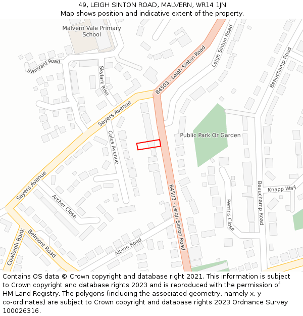 49, LEIGH SINTON ROAD, MALVERN, WR14 1JN: Location map and indicative extent of plot
