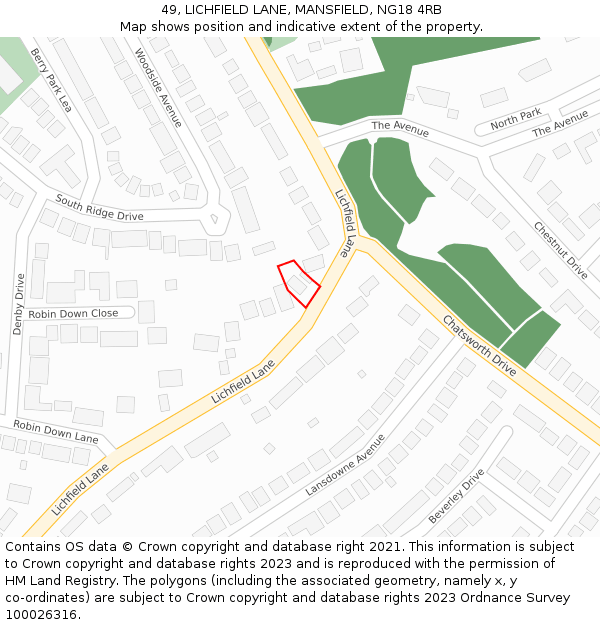 49, LICHFIELD LANE, MANSFIELD, NG18 4RB: Location map and indicative extent of plot