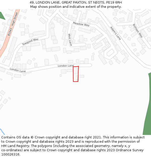 49, LONDON LANE, GREAT PAXTON, ST NEOTS, PE19 6RH: Location map and indicative extent of plot