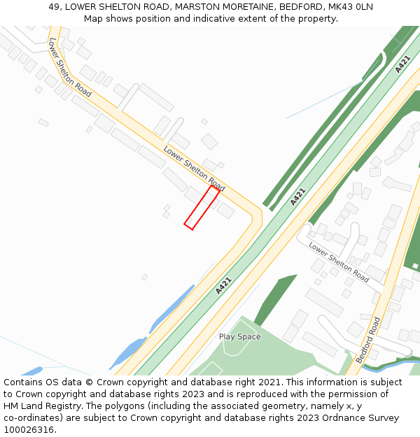 49, LOWER SHELTON ROAD, MARSTON MORETAINE, BEDFORD, MK43 0LN: Location map and indicative extent of plot