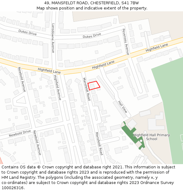 49, MANSFELDT ROAD, CHESTERFIELD, S41 7BW: Location map and indicative extent of plot