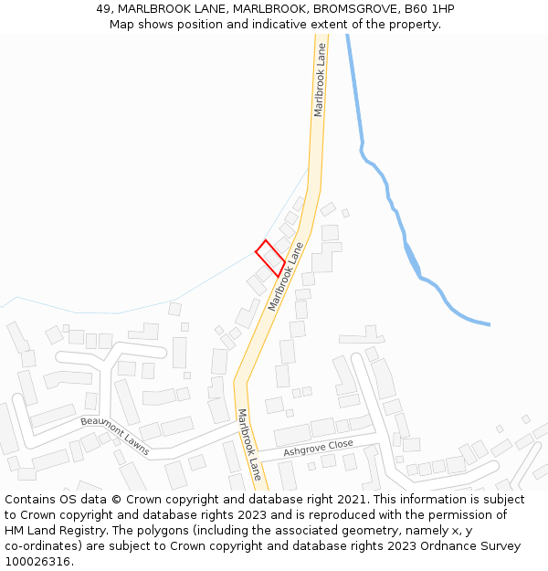 49, MARLBROOK LANE, MARLBROOK, BROMSGROVE, B60 1HP: Location map and indicative extent of plot